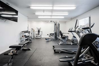 A well-equipped gym with various exercise machines and weights